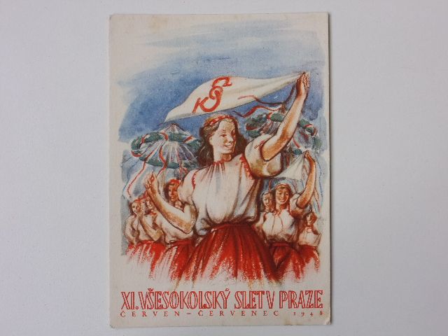 Pohlednice - XI. slet všesokolský v Praze 1948 (motiv krojovaných děvčic)