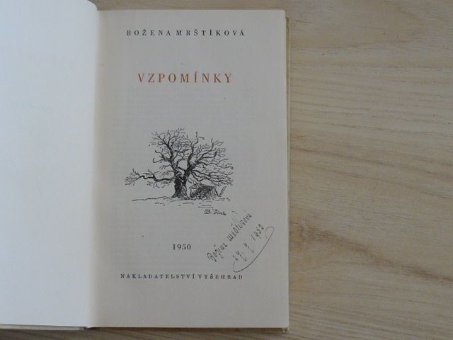 Božena Mrštíková - Vzpomínky 1 (1950) podpis autorky B. M.